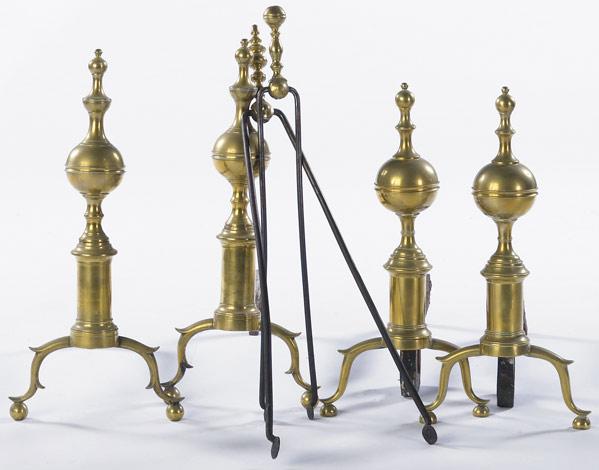 Appraisal: FIREPLACE ACCESSORIES Two sets of Chippendale-style brass andirons together with