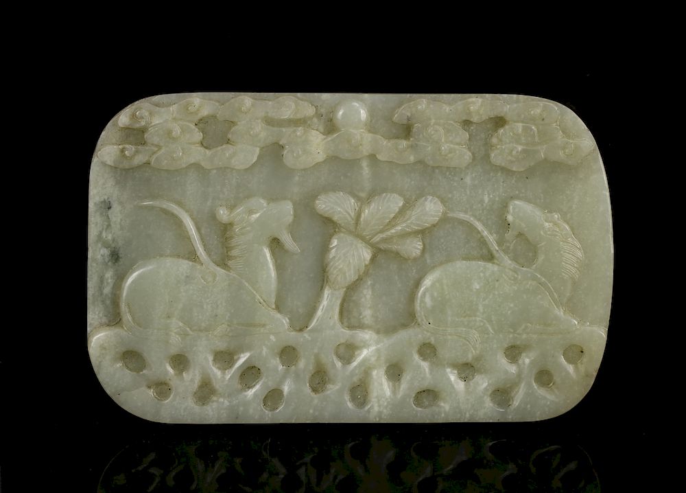 Appraisal: Celadon Jade Plaque Of rectangular form carved with two mythical