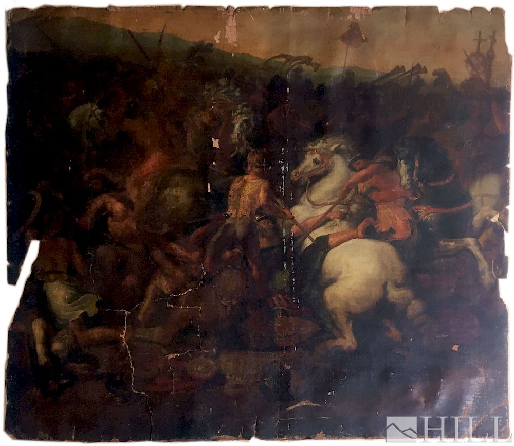 Appraisal: Antique Old Master Style Battle Scene Oil Painting Style Of