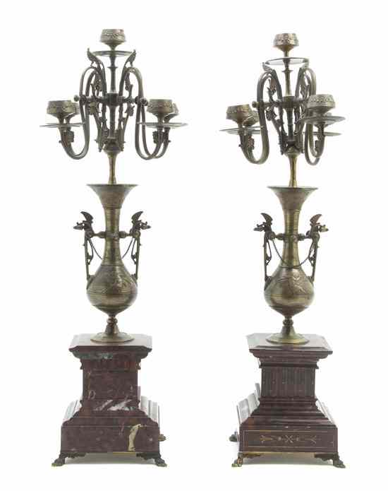 Appraisal: A Pair of Neoclassical Bronze and Marble Five-Light Candelabra each