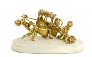 Appraisal: A GILT METAL CHERUB GROUP ON MARBLE BASE A GILT