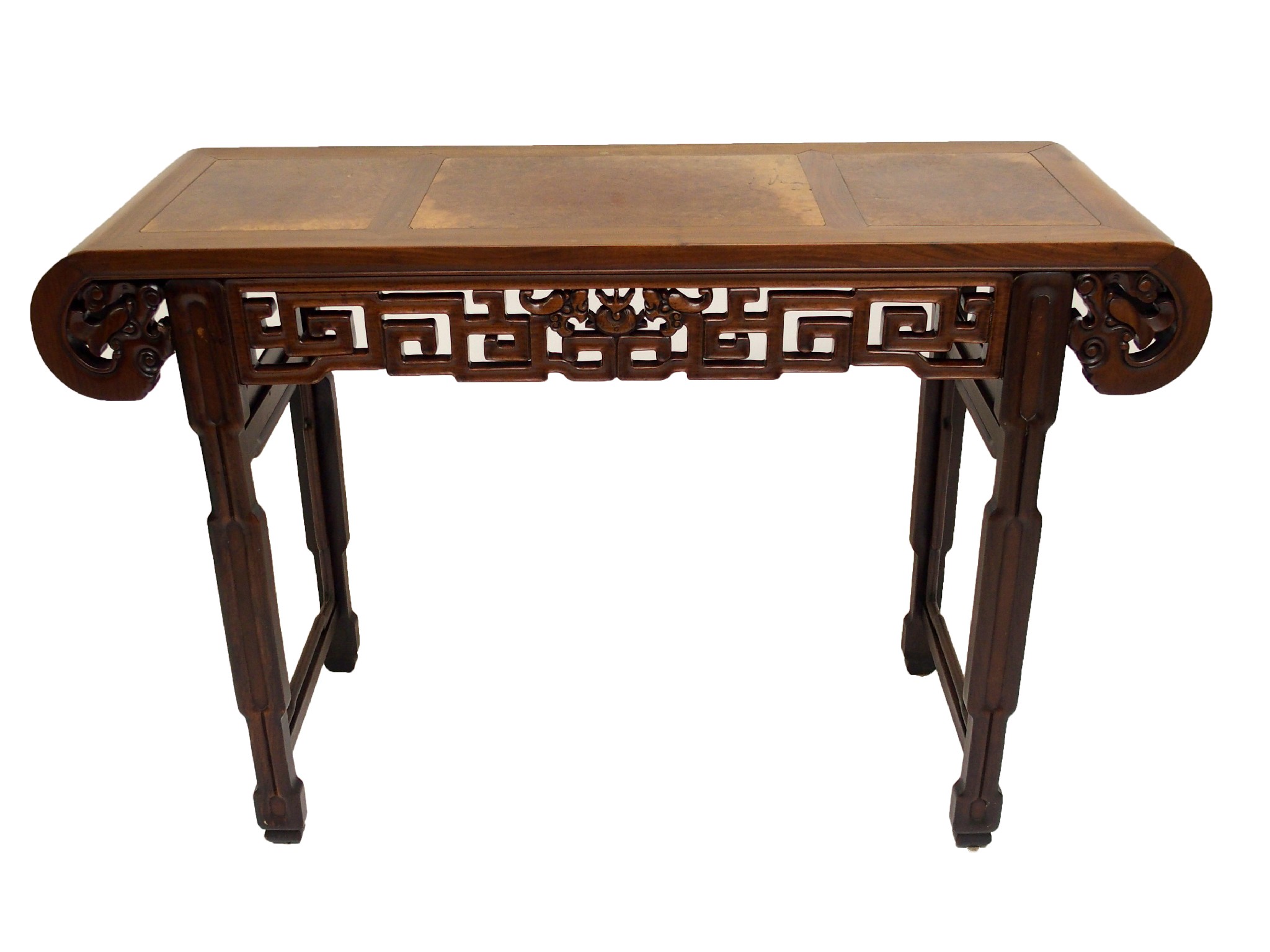 Appraisal: A Chinese hardwood alter tablewith three burr wood inset panels