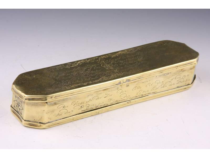 Appraisal: th c Dutch Brass Tobacco Box of shaped rectangular form