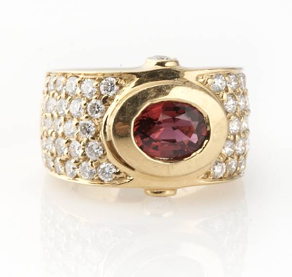 Appraisal: A ruby diamond and k gold ring centering a bezel-set