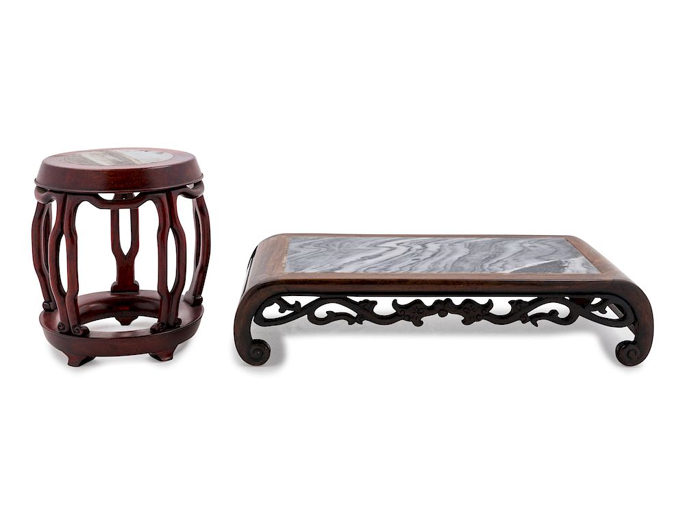 Appraisal: Two Chinese Marble Inset Rosewood Stands Larger length in cm