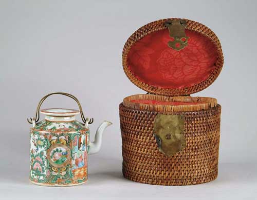 Appraisal: BASKET CASED ROSE MEDALLION TEAPOT Late th Century Small standard