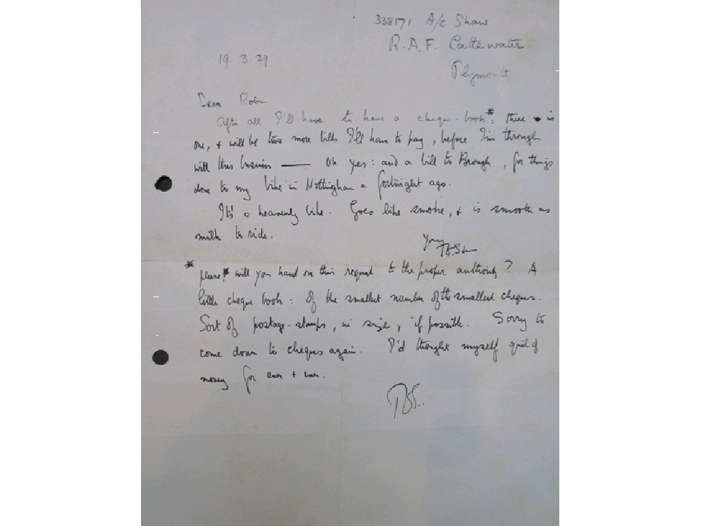 Appraisal: T E LAWRENCE A LETTER dated from A C Shaw