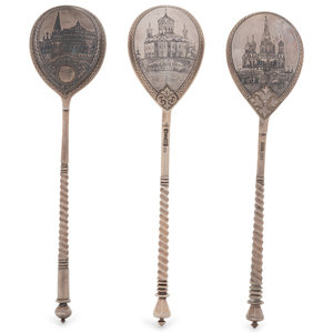 Appraisal: Three Russian Niello Silver Spoons Two Examples Marked for Vasily