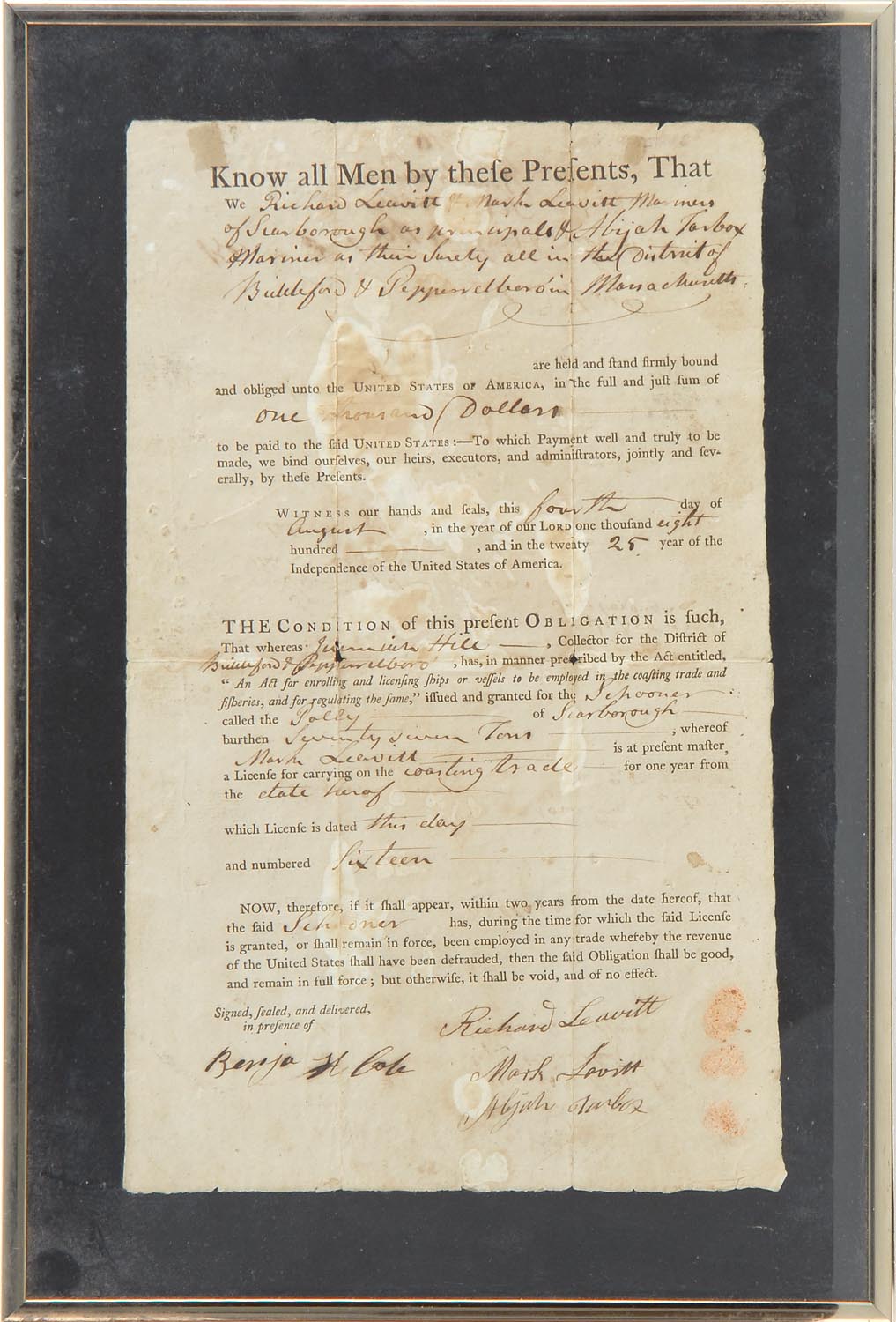 Appraisal: FRAMED DOCUMENT Dated Witness our hands and seals this fourth