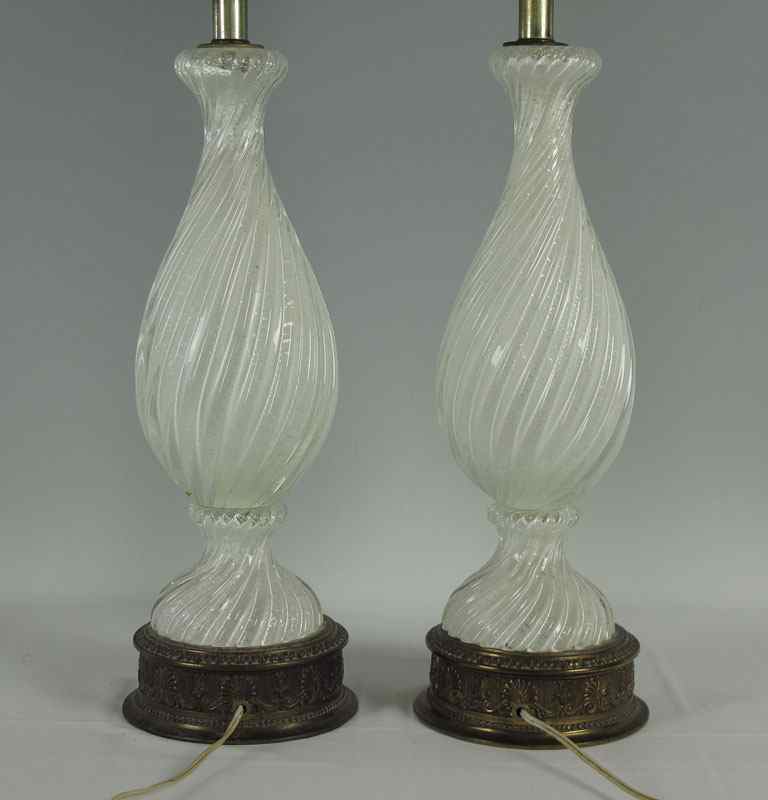 Appraisal: PAIR MURANO GLASS LAMPS White with silver fleck on metal