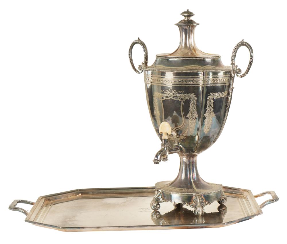 Appraisal: ENGLISH SILVER-PLATE HOT WATER URN TRAYthe tray with makers mark