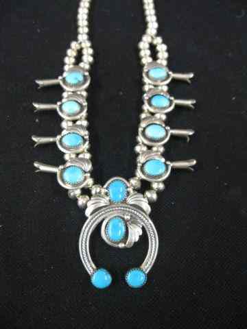 Appraisal: Indian Turquoise Sterling Squash BlossomNecklace '' long