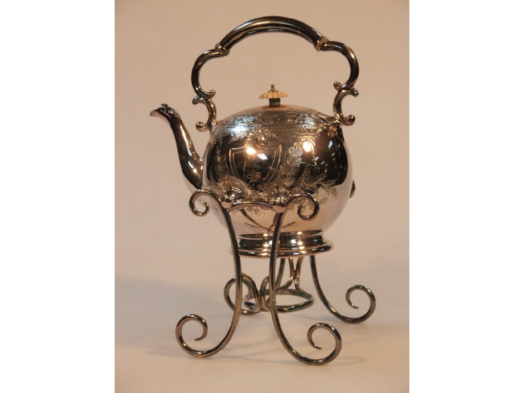 Appraisal: A Victorian electroplated tea kettle with fixed scroll handle ivory