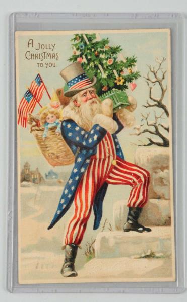 Appraisal: Uncle Sam Santa Embossed Postcard Lot of one Stands with