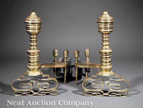 Appraisal: A Pair of American Gilt Brass Andirons th c tall