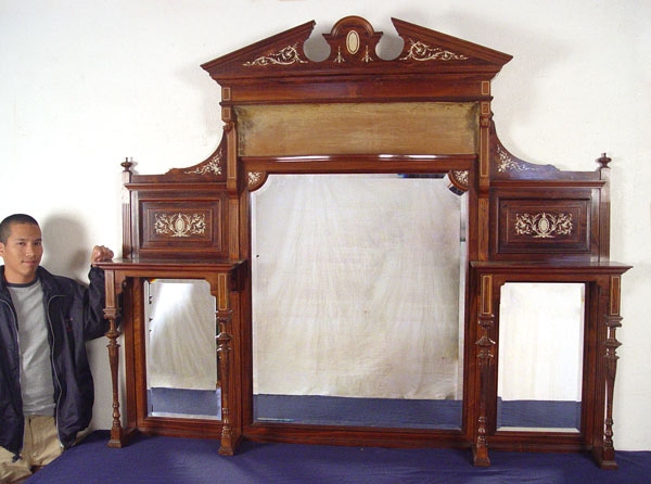 Appraisal: EDWARDIAN IVORY INLAID ROSEWOOD OVER MANTLE MIRROR BACK BAR Trio