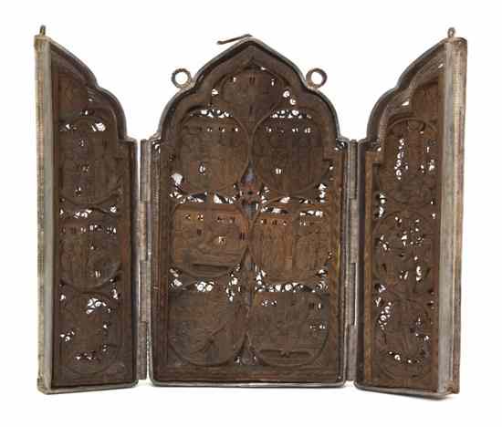 Appraisal: A Russian Silver and Carved Wood Triptych of temple form