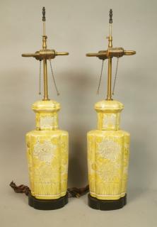 Appraisal: Pr Yellow Asian Style Porcelain Table Lamps Ging Pr Yellow