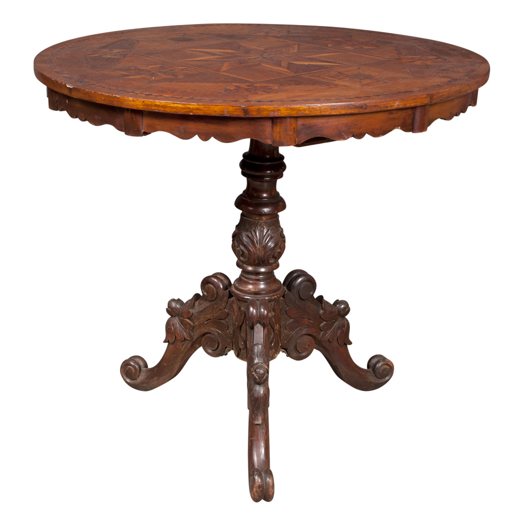 Appraisal: Continental Neoclassical Style Carved and Parquetry Inlaid Occasional Table The