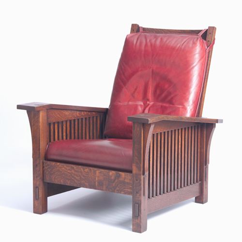 Appraisal: WARREN HILE Reproduction of Gustav Stickley's spindled drop-arm Morris chair