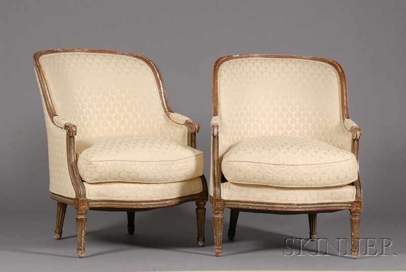 Appraisal: Pair of Louis XVI Style Green Painted Bergeres on cabriole