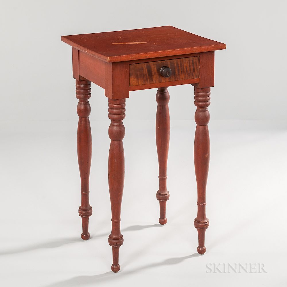 Appraisal: Small Red-painted Cherry and Tiger Maple One-drawer Stand Small Red-painted