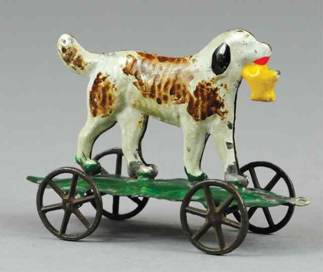 Appraisal: DOG WITH BASKET PLATFORM TOY Fallows c early hand painted