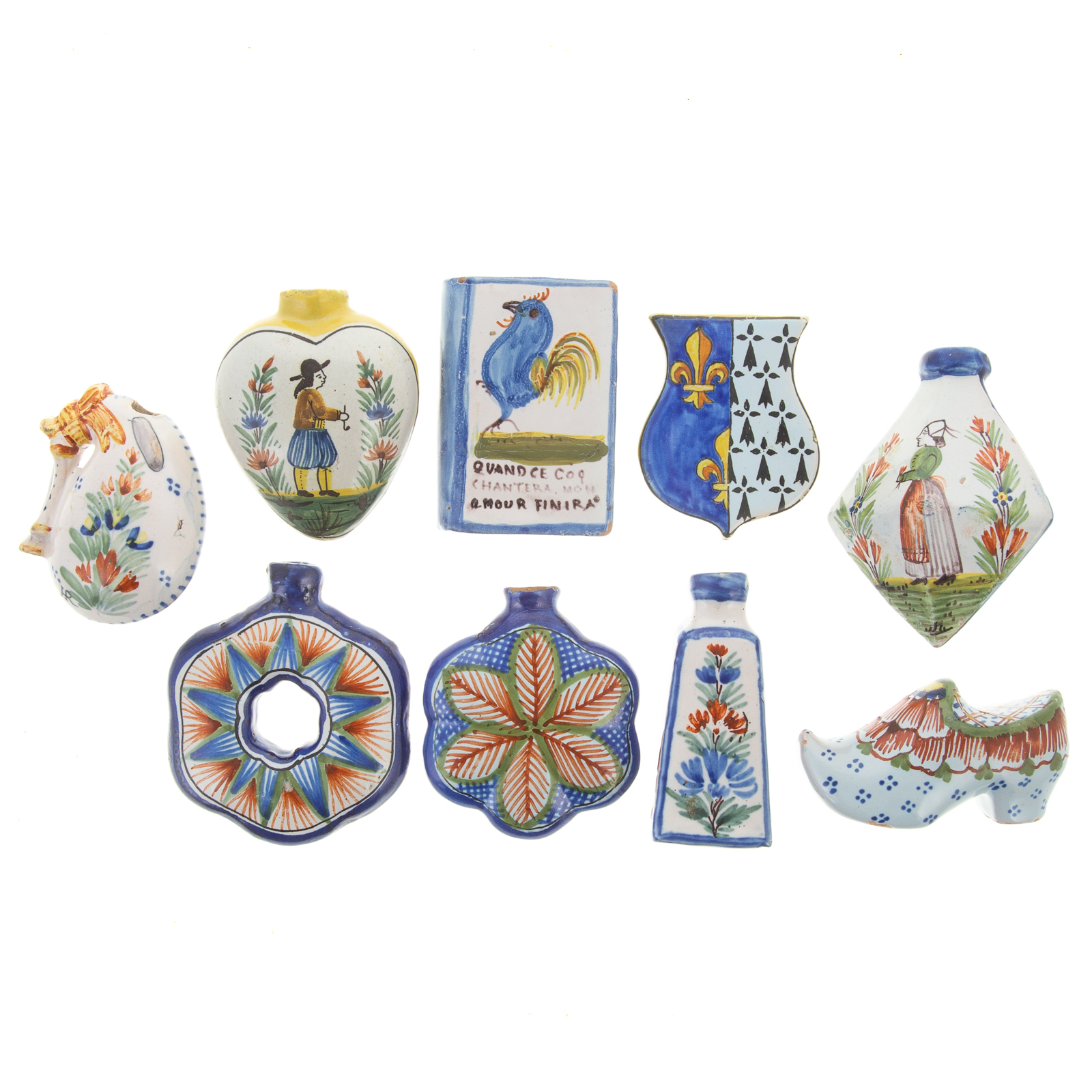 Appraisal: NINE QUIMPER FRENCH FAIENCE SNUFF BOTTLES th century includes bagpipe