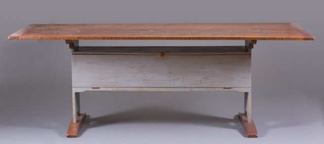 Appraisal: Charles Coombs Cherry Bench-Made Trestle Table Stained cherry natural top