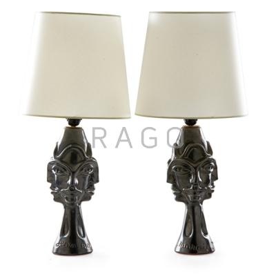 Appraisal: JEAN MARAIS Pair of ceramic table lamps France s Pewter-glazed