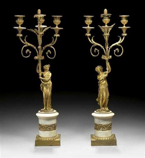 Appraisal: PAIR OF WHITE MARBLE AND GILT BRONZE CANDELABRAS AUX BACCHANTES