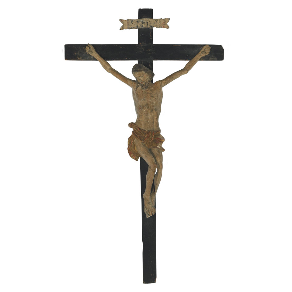 Appraisal: Spanish Colonial Carved Gessoed Polychromed and Parcel Gilt Crucifix early