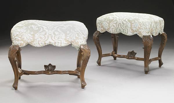 Appraisal: A pair of Italian Rococo style walnut upholstered stools incorporating