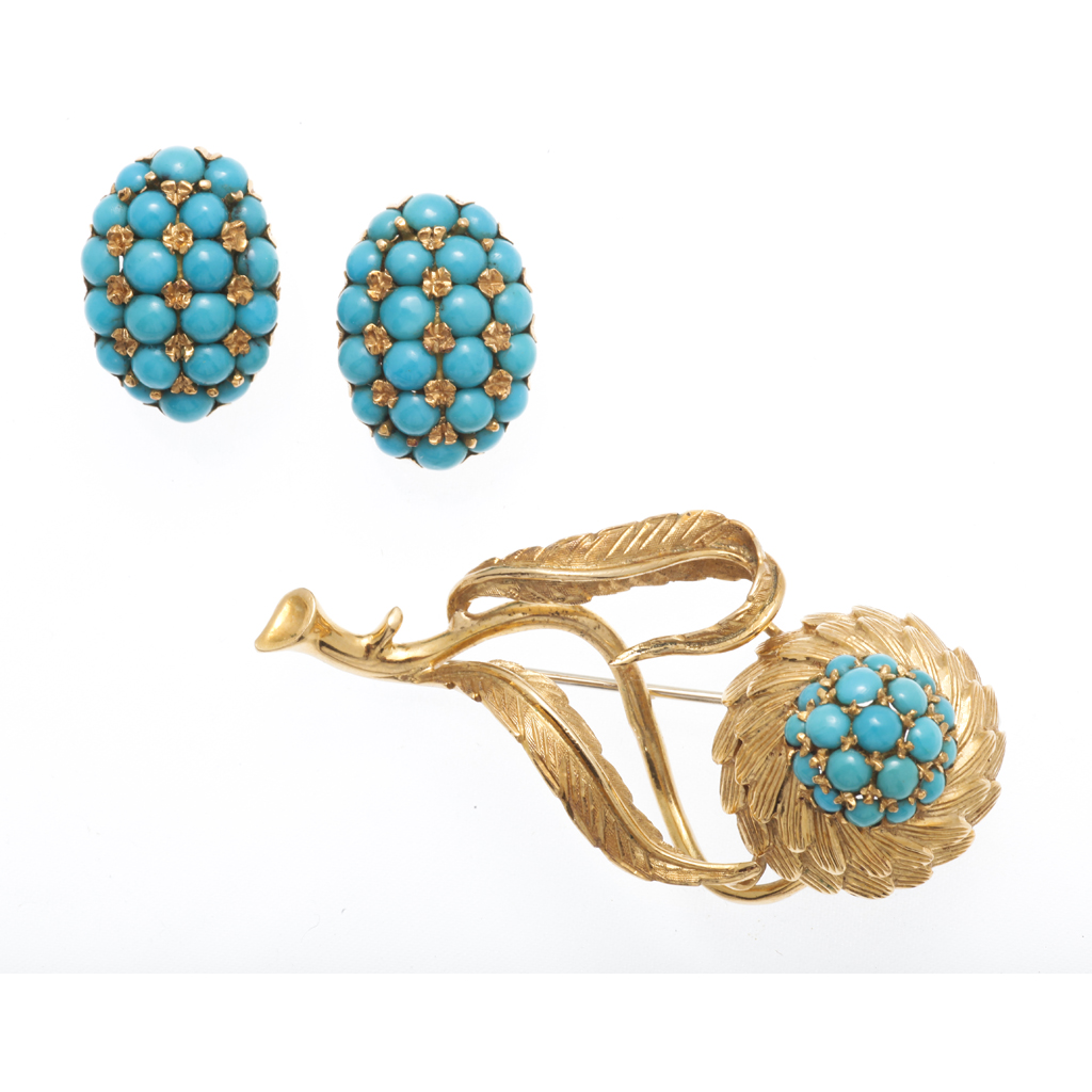 Appraisal: A turquoise set brooch and associated earrings the brooch modelled