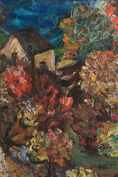 Appraisal: DAVID DAVIDOVICH BURLIUK RUSSIAN - Landscape with Flowersoil on boardsigned