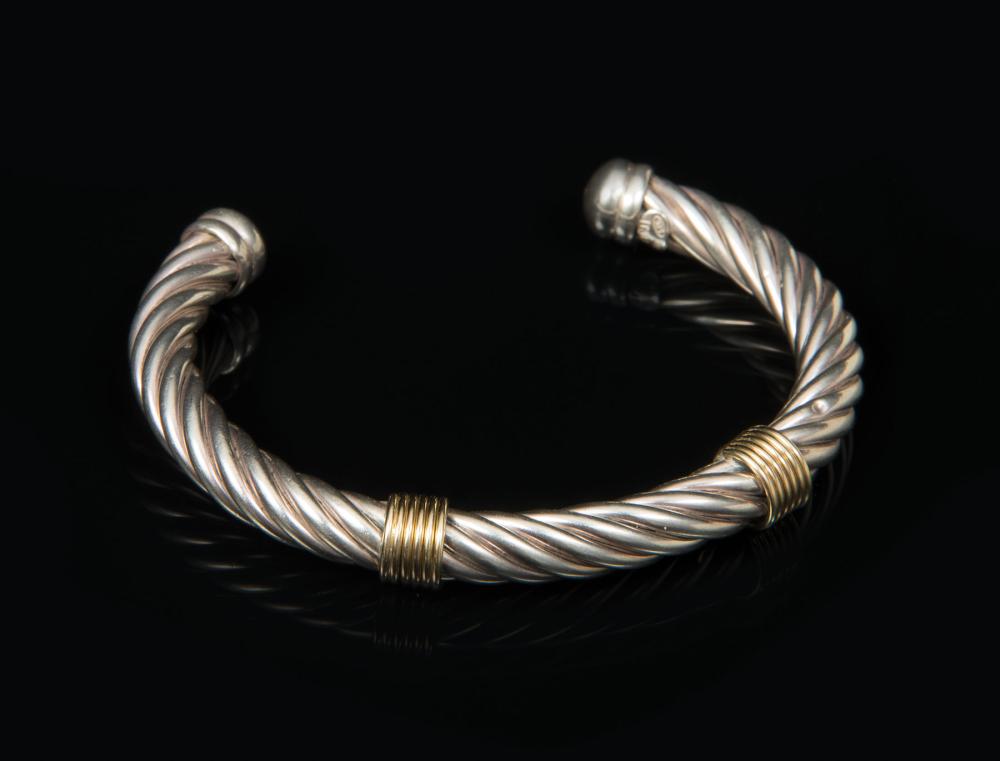 Appraisal: Italian Sterling Silver Cable Bangle Bracelet with kt Yellow Gold