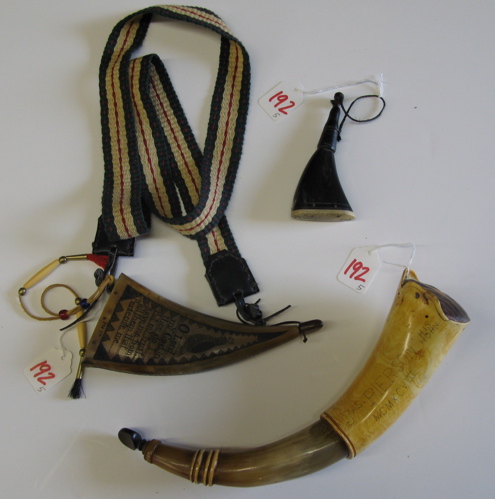 Appraisal: LOT OF FIVE POWDER HORNS three main charge horns two