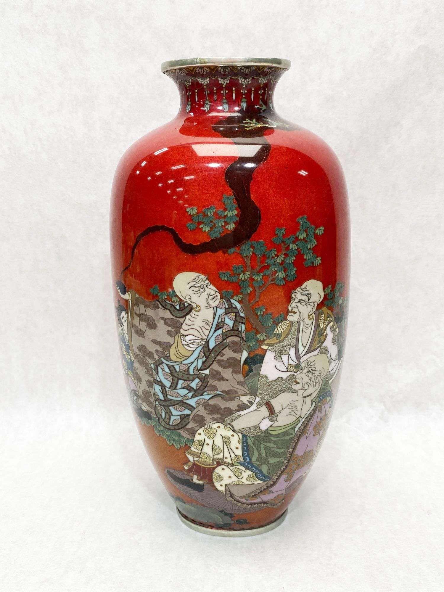 Appraisal: Meiji Period Japanese Cloisonne Vase with Figures and Dragon tall