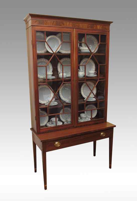 Appraisal: INLAID MAHOGANY CHINA CABINET ON STAND CA Upper section with