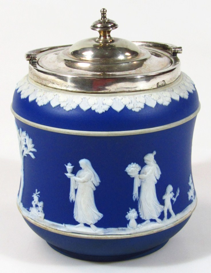 Appraisal: A late thC Wedgwood blue Jasperware biscuit barrel with chrome