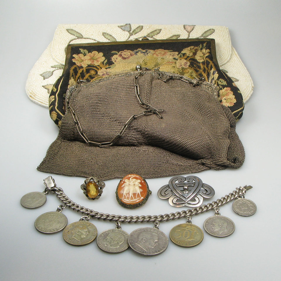 Appraisal: Grade Silver Mesh Purse a beaded purse a petit-point purse