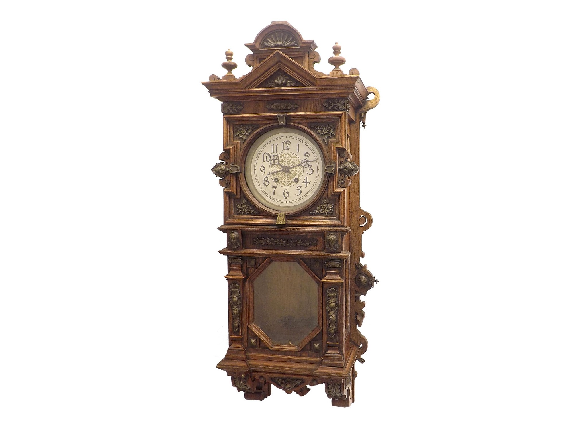 Appraisal: Arts Crafts oak two train wall clock with Lenzkirch movement