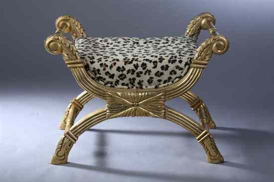 Appraisal: EMPIRE STYLE GILT-WOOD STOOL Leopard motif upholstery Serpentine X-form sides