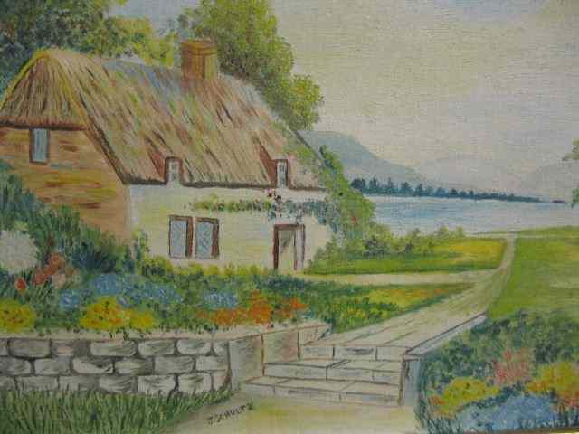 Appraisal: J Schultz Oil English cottagealong the lakefront image area ''