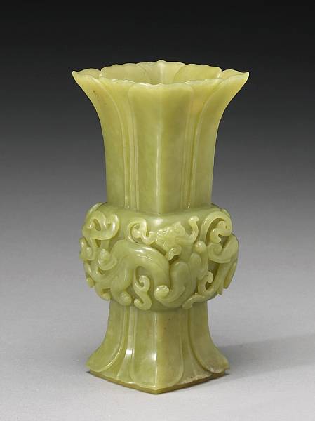 Appraisal: A yellow jade gu-form vase th th Century Of rhomboidal