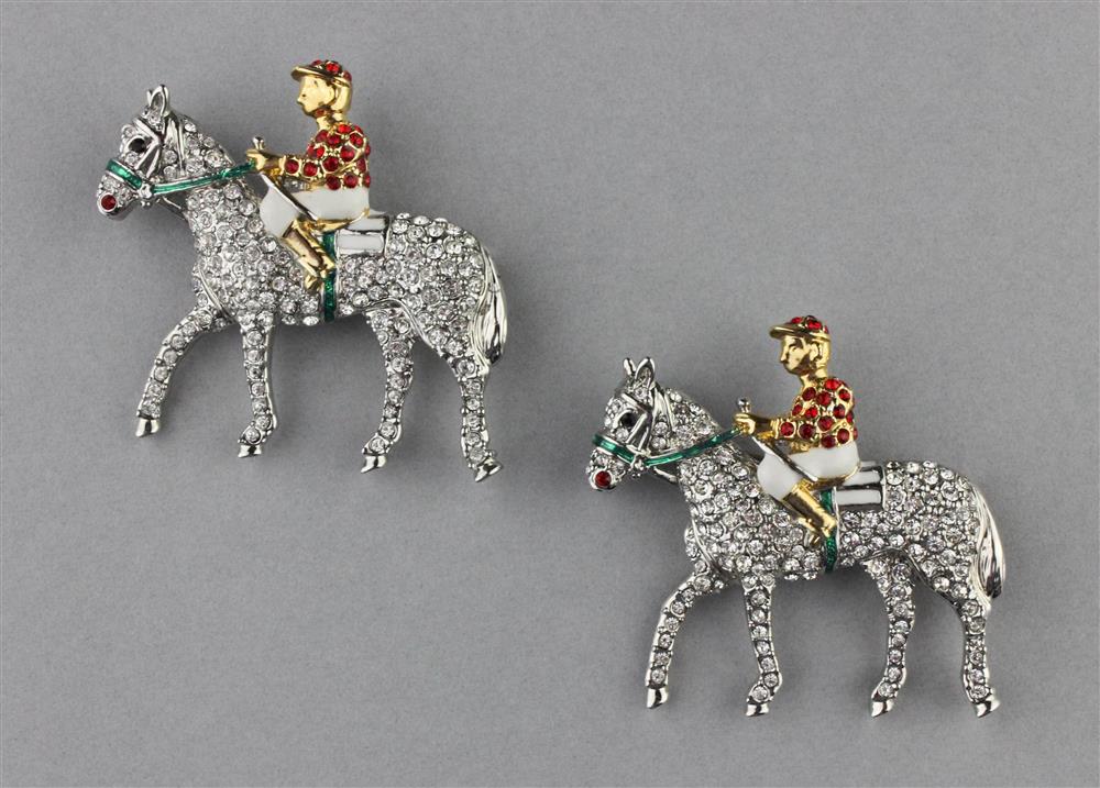 Appraisal: ANN HAND BROOCHES PENDANTS OF RHINESTONE STUDDED JOCKEYS ON HORSEBACK