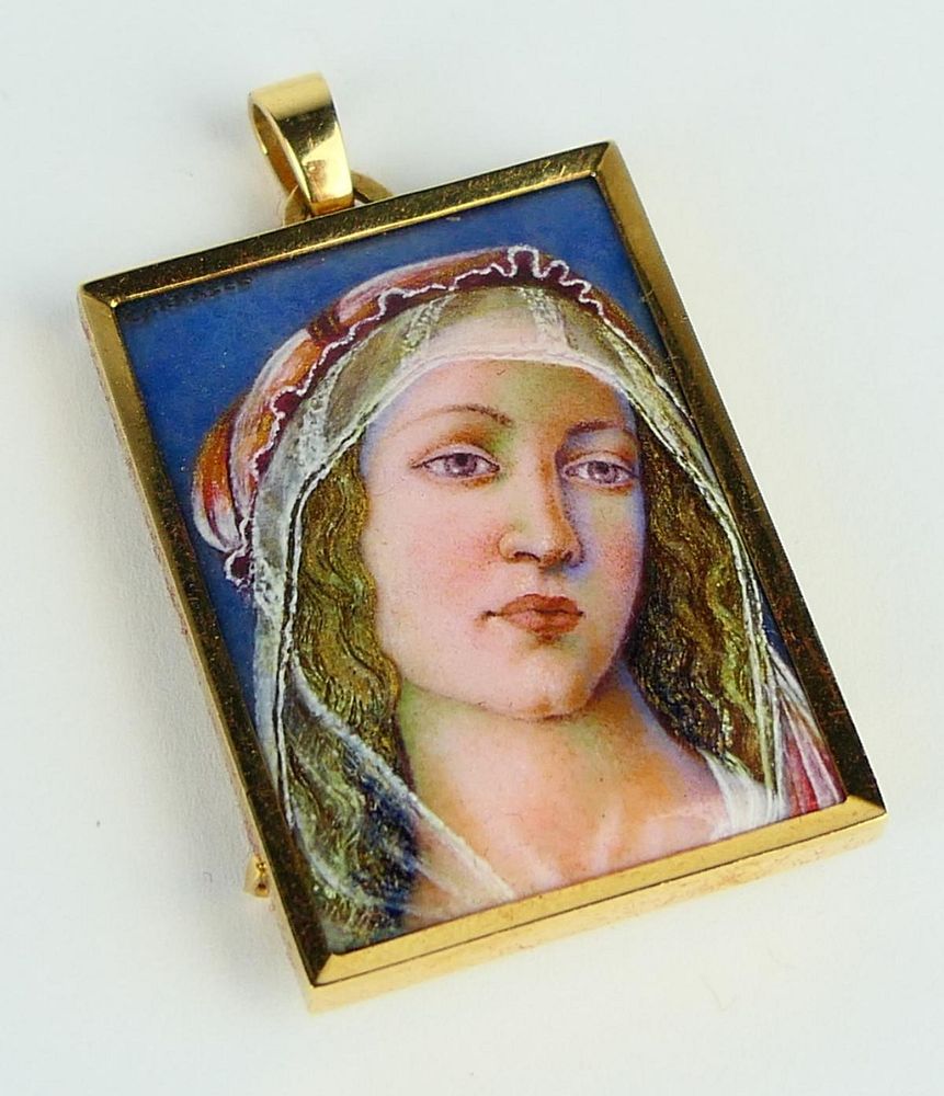 Appraisal: SIGNED K YG ENAMEL PORTRAIT PLAQUE OF MADONNA Vintage Italian