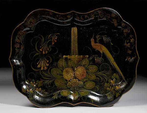 Appraisal: TH-CENTURY TOLE TRAY PEACOCK AT THE FOUNTAIN English late th