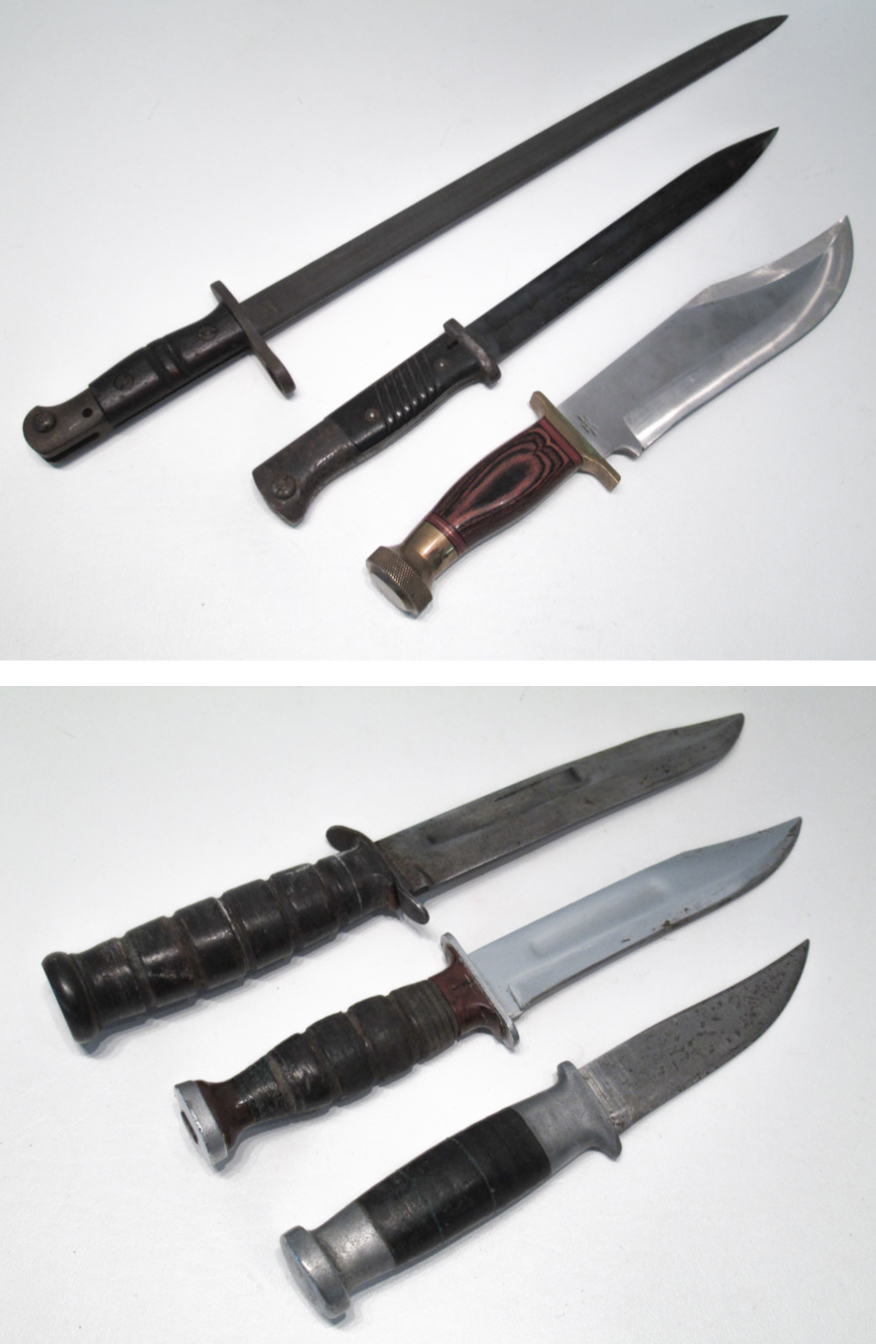 Appraisal: SIX EDGED WEAPONS including Camillus USN knife in leather sheath