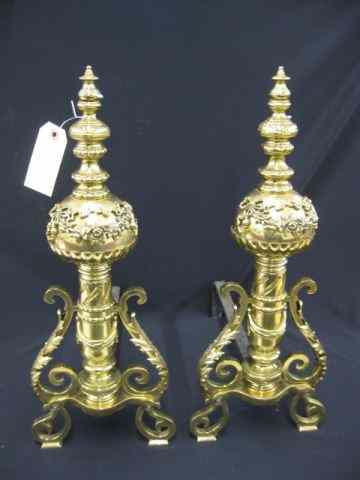 Appraisal: Pair of Ornate Brass Andirons French style garland bow design